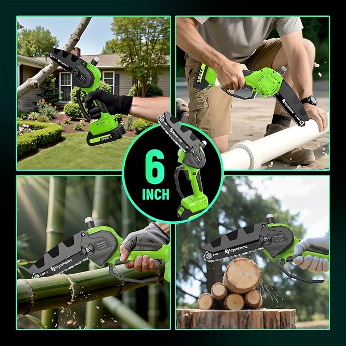 Mini Chainsaw 6inch, Chainsaw Cordless w Automatic Oiler, Handheld Electric Power Chain Saw w Security Lock, Brushless Motor,Power Chain Saws for Wood/Trees Trimming (Green - 2 batteries)