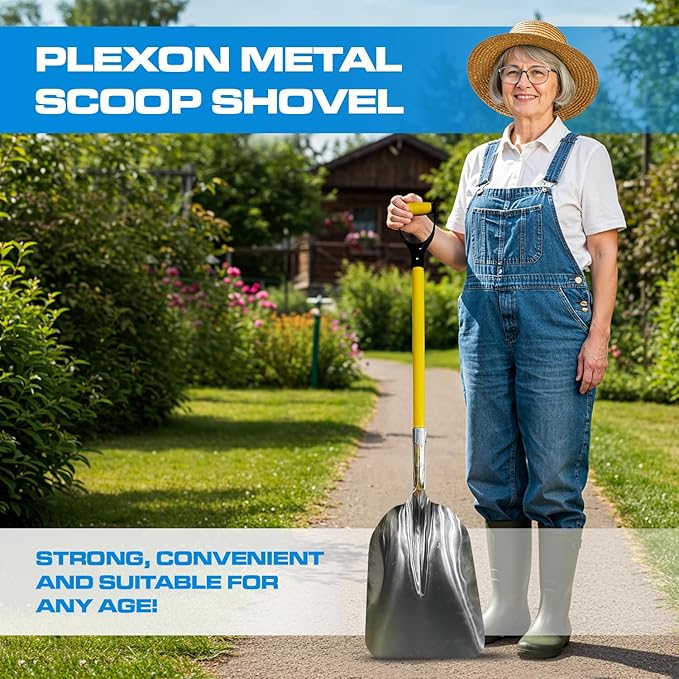 Plexon Metal Scoop Shovel 12" Blade - Aluminium Steel Snow Shovel for Driveway - Heavy Duty Snow Shovel for Car - Fiberglass Handle & Plastic D-Grip - Outdoor Garden Yard, 48" Length