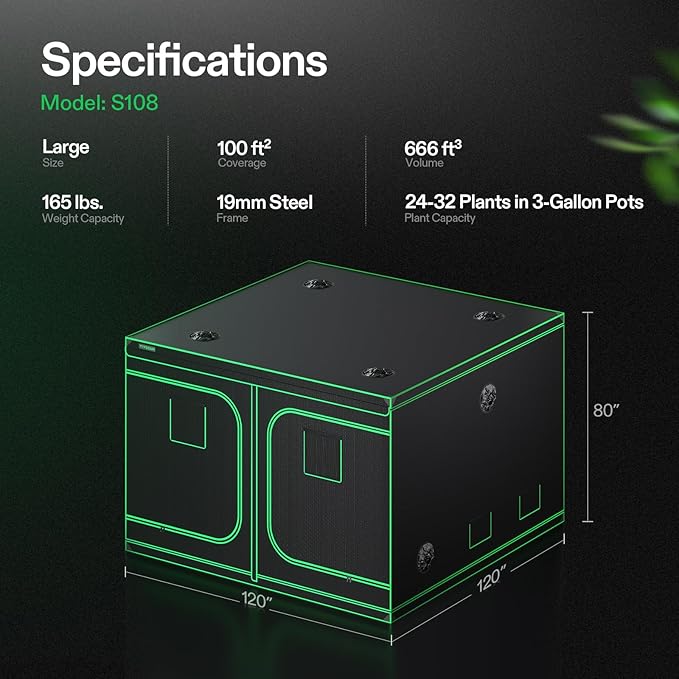 VIVOSUN S108 10x10 Grow Tent, 120"x120"x80" High Reflective Mylar with Observation Window and Floor Tray for Hydroponics Indoor Plant for VSF6450
