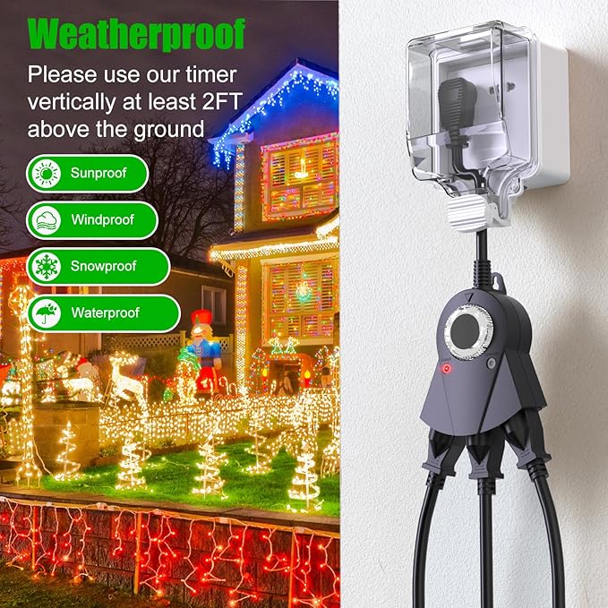 Outdoor Light Timer Waterproof, 24 Hours Plug in Timer with 2, 4, 6 or 8 Hours Countdown Mode, 3 Grounded Dusk to Dawn Electrical Outlet for Outdoor Backyard Garden Patio Lights Christmas Decorations