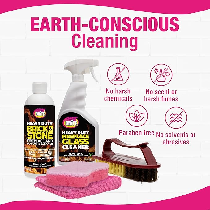 Quick ‘n Brite Fireplace Cleaning Kit – Includes 24oz Fireplace Glass Cleaner, 16 oz Gel Fireplace Cleaner, Scrub Brush, Sponge and Microfiber Towel
