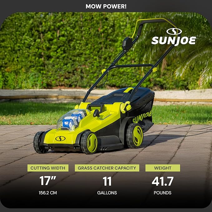 Sun Joe 24 Volt 17 Inch Mulching Walk Behind Lawn Mower with 11 Gallon Grass Catcher, 6 Position Height Adjustment, Battery and Charger, 24V-X2-17LM