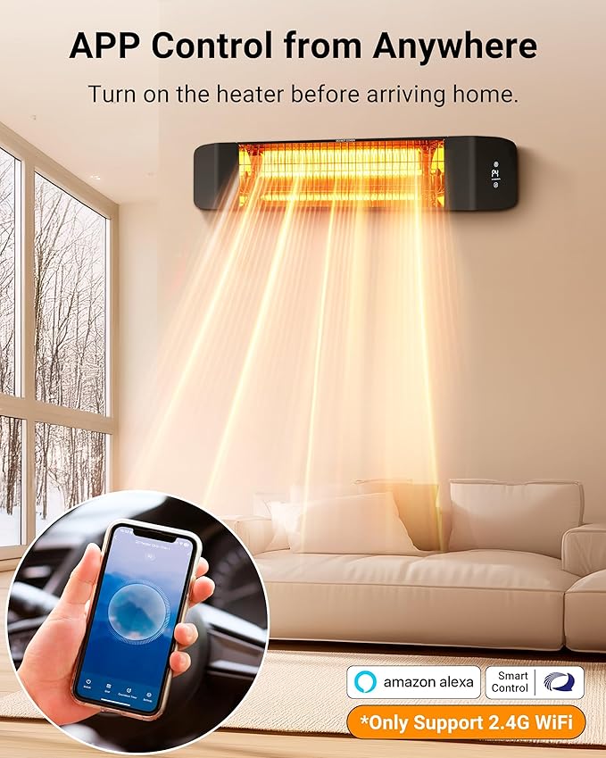 Pasapair Electric Patio Heater - Smart Infrared Indoor Heater 24H Timer with APP Control - Wall Mounted Outdoor Heater for Patio Garage - IP65 CSA Certified