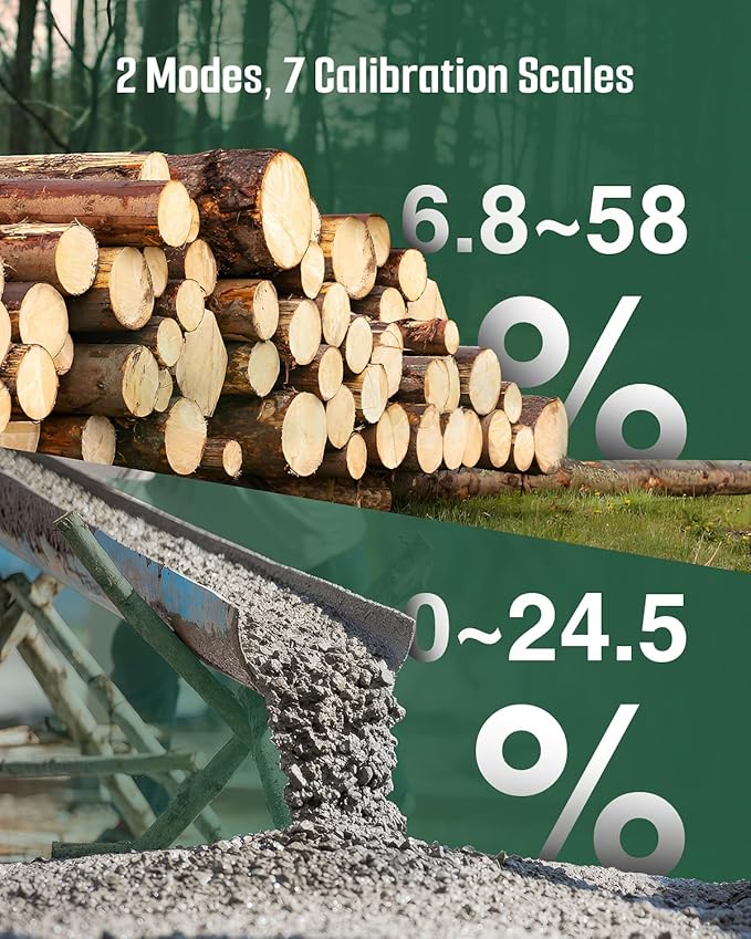 Wood Moisture Meter, TESMEN TWM-186 Portable Pen Moisture Meter, Pin-Type Humidity Tester with 2 Modes, 7 Calibration Scales for Wood, Firewood, Lumber, Bricks, Floors, Walls - Green