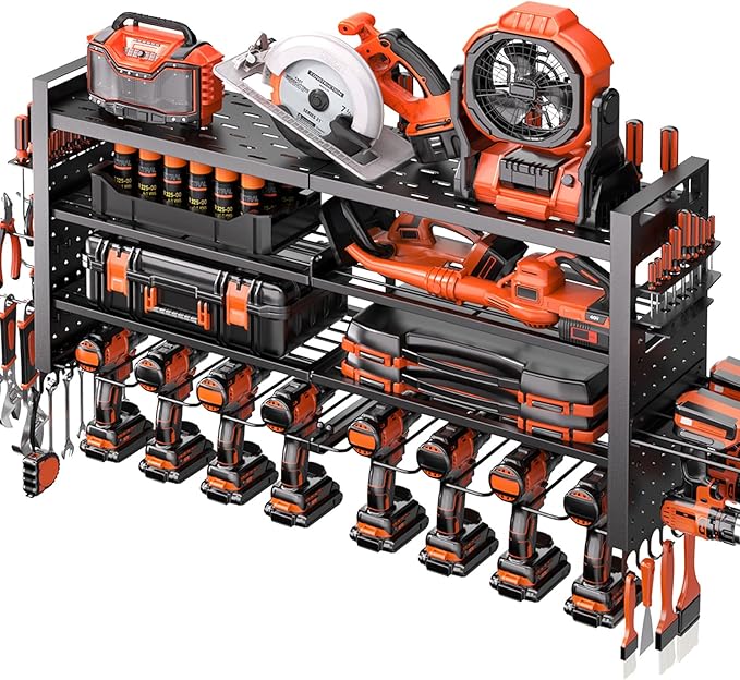 Large Power Tool Organizer Wall Mount, Heavy Duty Tool Organizer with 10 cordless Drill Holder, 4 Layers Garage Organization and Storage Rack, Tool Rack for Garage Workshop, Black