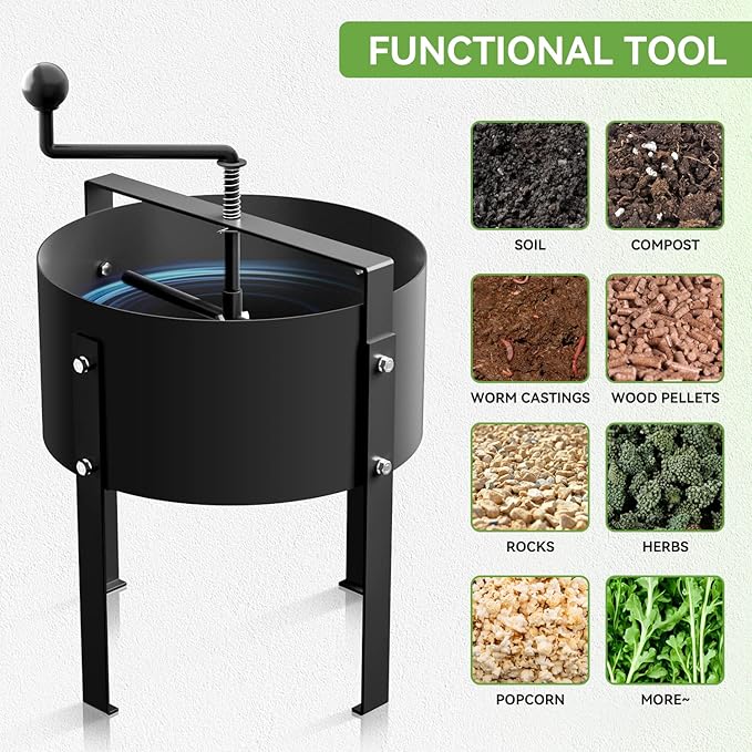 Rotary Soil Sifter Compost Sieve Garden Potting Sifting Mesh Rock Sand Dirt Sieve, 13" Sifting Filter with 1/5 Inch Mesh Sifting