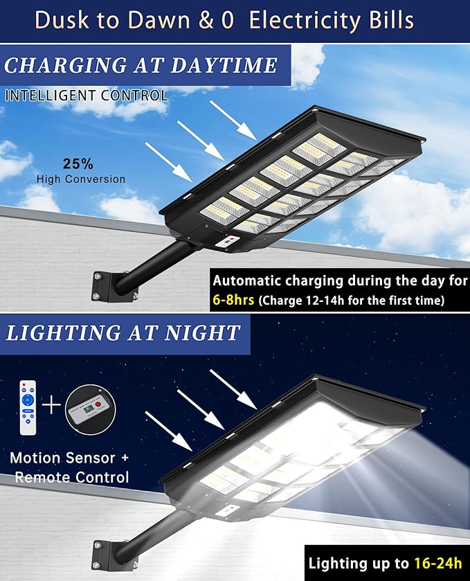 JAYNLT Y-8000W Solar Street Lights Outdoor,6500K Commercial Parking Lot Lights Dusk to Dawn, Waterproof Solar Security Flood Lamps with Motion Sensor and Remote for Yard, Garage, Driveway