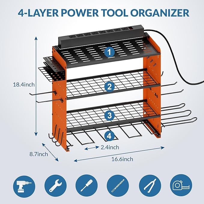 Power Tool Organizer with Charging Station, 4 Layers Garage Storage Rack with 6 Drill Holders, Father's Days Gift For Dad, Wall Mount Garage Organizer Built in 8 Outlets Power Strip, Orange