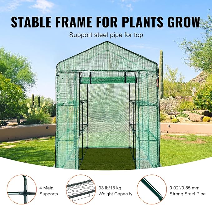 VEVOR Walk-in Green House, 55.5 x 55.5 x 78.7 inch, Portable Greenhouse with Shelves, High Strength PE Cover with Roll-up Zipper Door and Steel Frame, Set Up in Minutes, for Planting and Storage