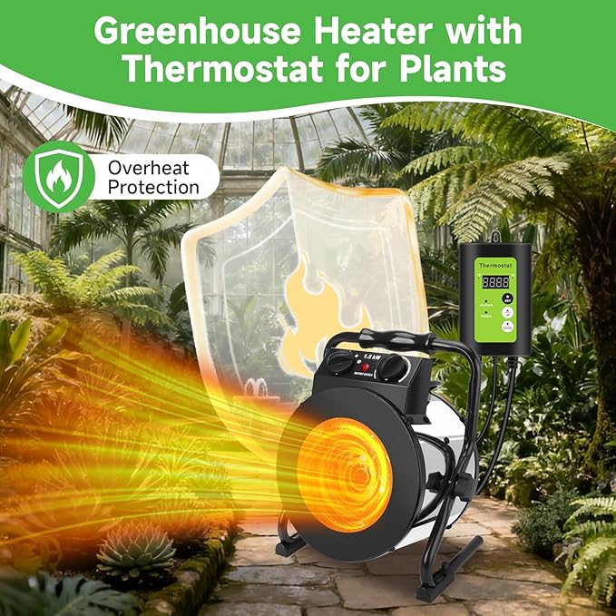 Greenhouse Heater with Digital Thermostat, 1500W Grow Tent Heater, Overheat Protection & Fast Heating, Electric Space Heaters for Patio, Garage, Greenhouse, Flower House, Sliver