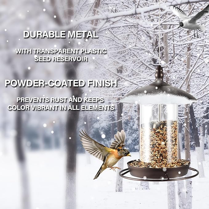 Metal Bird Feeder for Outside Hanging,Wild Bird Feeders for Cardinal, Large Roof and Tray - 6 Port