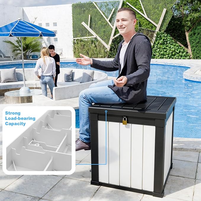 DRATO 50 Gallon Deck Box, Outdoor Storage Box for Patio Cushion, Sports Equipment, Garden Tools, Waterproof Patio Storage box, Lockable (Black and White)