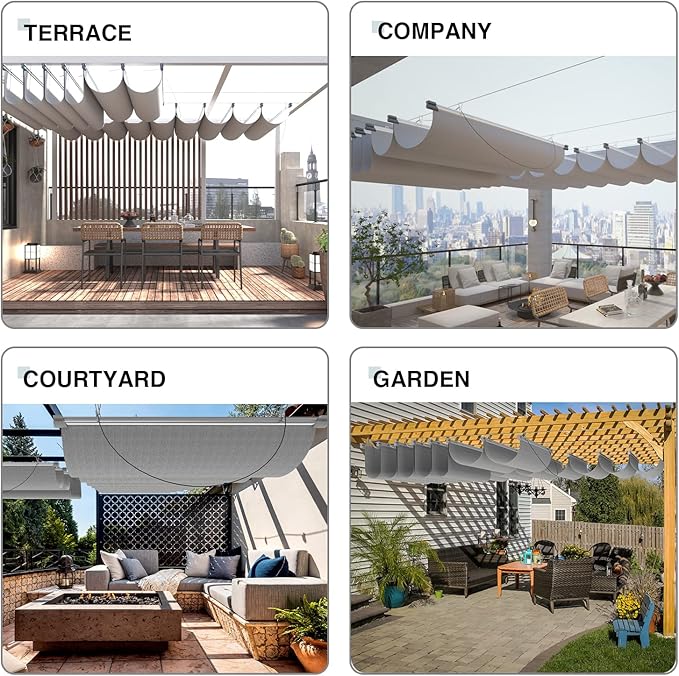 ECOOPTS 3'x33' Retractable Wave Sun Shade Canopy Pergola Cover Shade Sail Awning for Patio Porch Garden Yard Deck Outdoor (Light Grey)