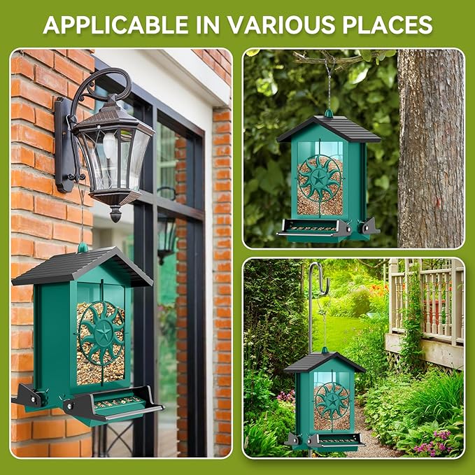 Squirrel Proof Bird Feeders for Outdoors, 5LBS Large Capacity Metal Wild Bird Feeder with Bilateral Weight-Activated Perches, Anti Squirrel Bird Feeders for Outside Finch, Cardinal, Blue Jay (Green)