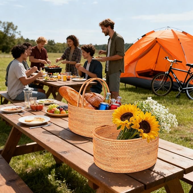 15"×11"×7" Rattan Picnic Basket with Handles, Large Oval Gift Baskets, Hand-Woven Basket for Fruit, Empty Gift Basket for Festival, Wedding, Camping