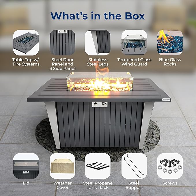 Outdoor Propane Fire Pit Table - CSA/ETL Certified 50,000 BTU Pulse Ignition Weatherproof Rectangle Propane Gas Fire Table w/Adjustable Flame - Glass Wind Guard, Glass Rocks - SereneLife SLNFLGA5