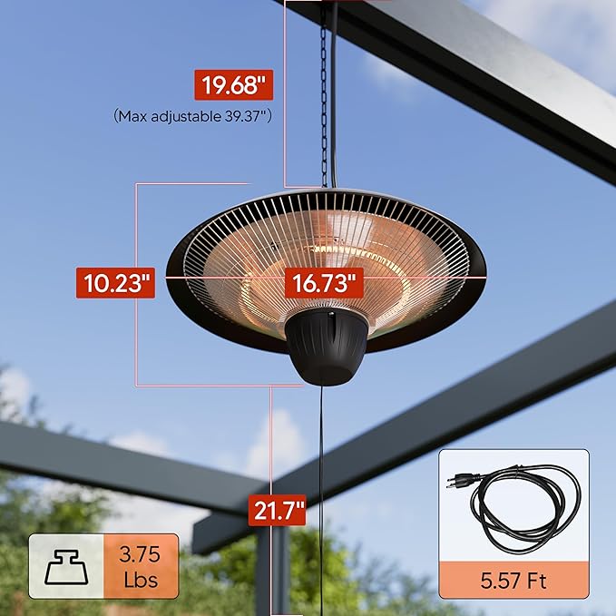 Patio Heater for Outdoor Use 1500W Electric Infrared Hanging Heater, Ceiling Mounted, Waterproof for Porch, Garage, Balcony, Overheat Protection Black
