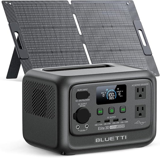 BLUETTI Solar Generator Elite 30 V2 with 100W Solar Panel (Ships Separately), 288Wh LiFePO4 Portable Power Station, 600W AC Outlets (1500W Power Lifting), for Camping, Home Use, Emergency