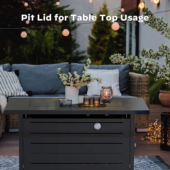 Ciays 42 Inch Propane Fire Pit, 60,000 BTU Steel Gas Fire Pit Table for Outside with Steel Lid and Lava Rock, 2 in 1 Fire Table Gatherings Parties on Patio Deck Garden Backyard, Black