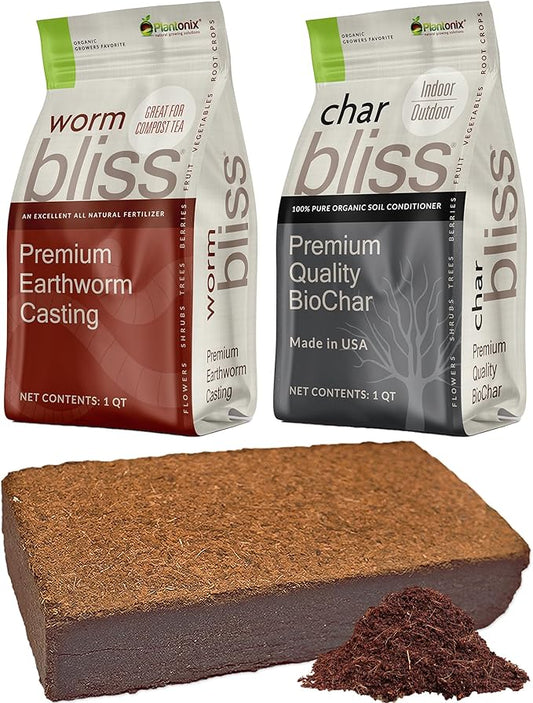 Worm Bliss (1 Qt) + Coco Coir Brick (650gms) + Char Bliss (1 Qt) - Organic Coco Coir for Plants - Worm Castings & Biochar for Plants - Organic Fertilizer & Soil Amendment Bundle - Potting Soil Mix