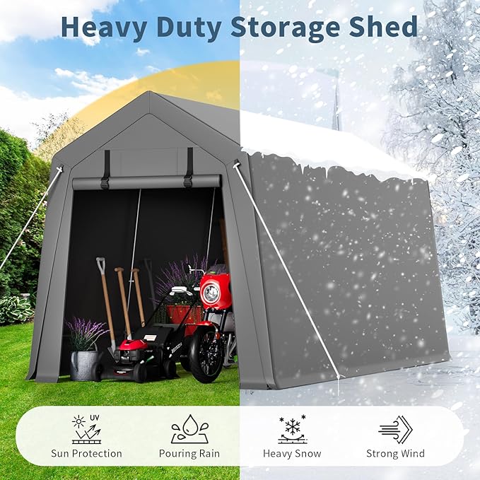 Garvee 7'x12' Outdoor Portable Storage Shed, Waterproof & UV-Resistant Garage Shelter with 2 Roll-Up Zipper Doors, Anti-Snow Carport Tent for Motorcycle, Bike, and Outdoor Equipment, Gray