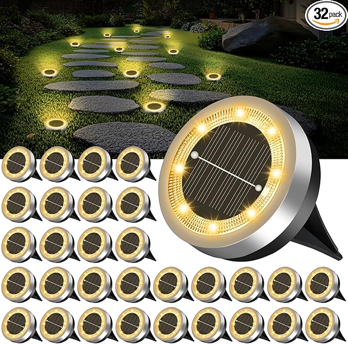 Mini Solar Ground Lights Outdoor 32 Pack Waterproof Upgraded Anti-Rust Solar Flat Garden Lights Stainless Steel Solor Powered Disc Landscape Light for Pathway Walkway Yard Lawn Patio-Warm White