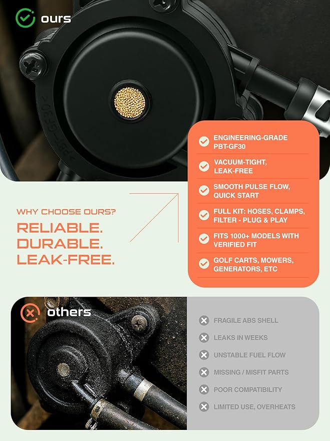 Fuel Pump Compatible with Kohler Briggs and Stratton Mikuni Cub Cadet John Deere 808492 808656 for Lawn Mower Golf Cart Club Car Fits Kawasaki Yamaha Ezgo Honda Husqvarna Toro with Filter and Oil Hose