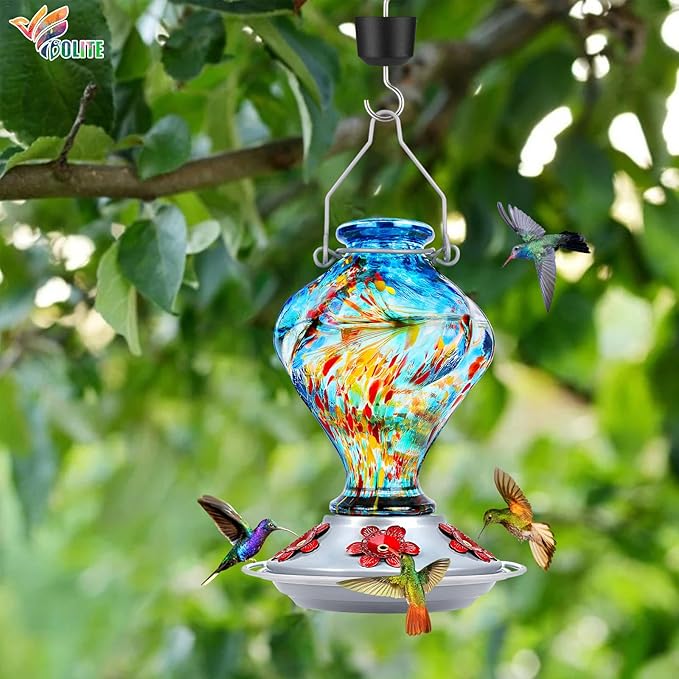 Hummingbird Feeder, BOLITE Glass Hummingbird Feeders for Outdoors Hanging, Hand Blown Twisted with Ant Moat and Five Feeding Ports, 24 Ounces, Leak Proof, Blue, Gifts for Women Men, Gifts for Mom Dad