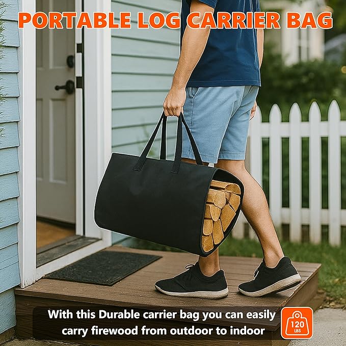 2-Tier Large Firewood Rack Outdoor Indoor with Log Carrier Bag, 30" Stable Log Holder Rustproof Metal Wood Rack for Fireplace Patio Deck Firepit, Heavy Duty Firewood Storage Organizer Tool