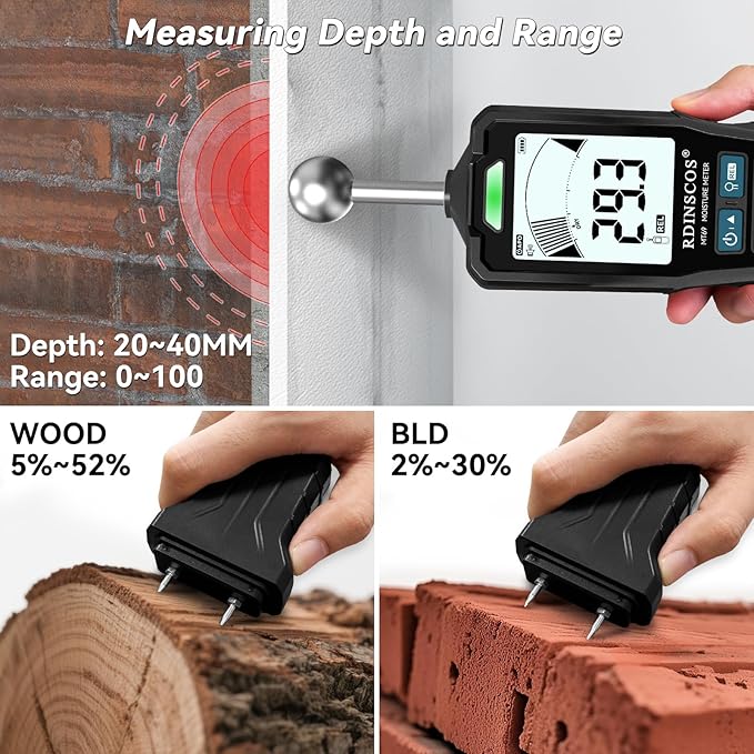 2-in-1 Pin & Pinless Moisture Meter, Digital Moisture Detector for Wood, Drywall & Building Materials, Large LCD Display, 3-Color Indicator, Calibration, Rechargeable Battery