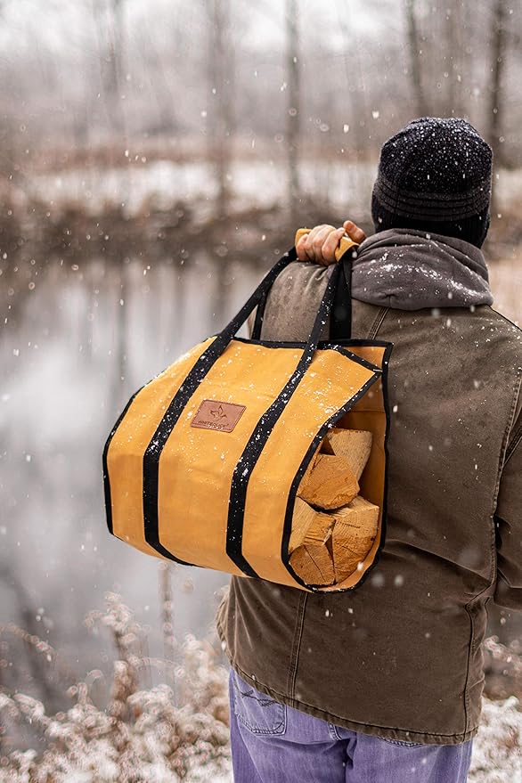 WHITEDUCK TUFF Large Firewood Carrier 21 Oz. Heavy Duty Waxed Canvas Log Carrier Holder for Fireplace, Carrying Wood Indoor & Outdoor (Brown, Rectangle (39"x18"))