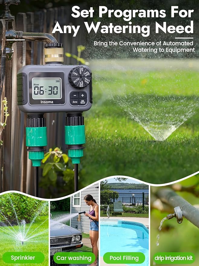 Insoma 2-Zone Hose Timer - Brass Inlet Dual Outlet Sprinkler Timer with Rain Delay/Manual/Auto Modes, 2-Outlet Water Timers for Garden/Greenhouse/Flower Irrigation, Durable Faucet Timers for Lawn Care