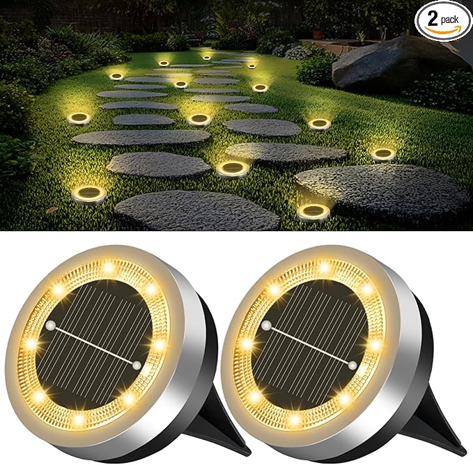 Mini Solar Ground Lights 2 Pack Outdoor IP65 Waterproof Solar Flat Garden Light Solor Powered Disc Pathway Lights for Outside Walkway Yard Landscape Patio Lawn Driveway-Warm White