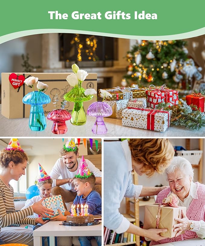 Nacome Mushroom Glass Propagation Station for Plants: Set of 4 Colored Vases Terrarium Kit for Home Office Indoor Hydroponics Decor - Birthday Gifts for Women Mom Grandma