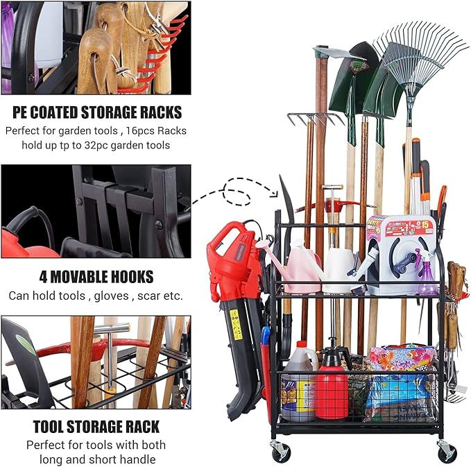 Mythinglogic Garden Tool Organizer for Garage, Yard Tool Rack with Wheels, Garage Organizers and Storage Holder for Yard Tools (Deluxe Tower)