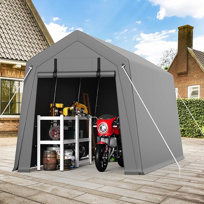 Garvee 7'x12' Outdoor Portable Storage Shed, Waterproof & UV-Resistant Garage Shelter with 2 Roll-Up Zipper Doors, Anti-Snow Carport Tent for Motorcycle, Bike, and Outdoor Equipment, Gray