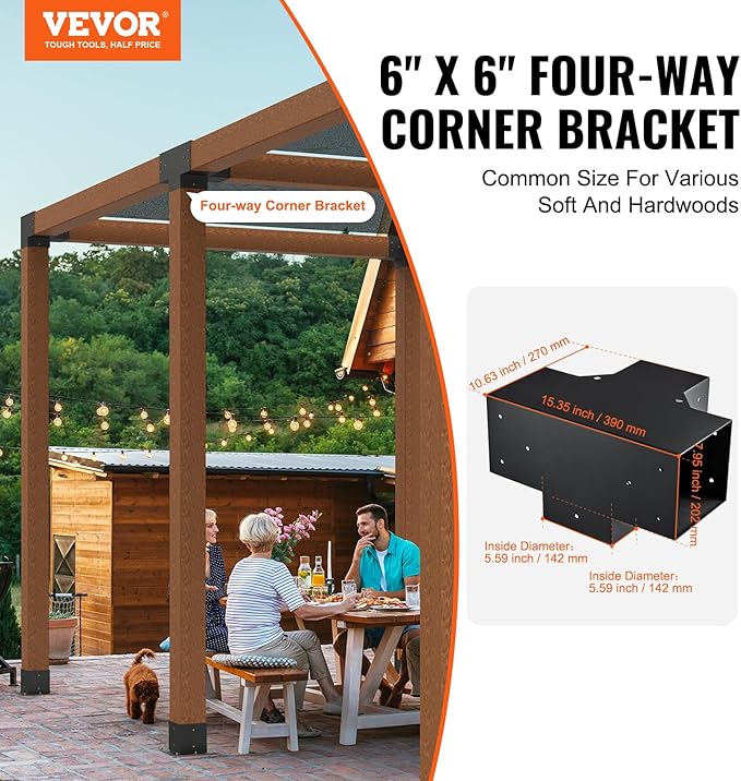 VEVOR Pergola Bracket Kit 6''x6''(Inner Size 5.6x5.6), 2pcs 4-Way Heavy Duty Corner Bracket Woodworks DIY Post Base Kit, Easy Installation Wooden Beams for Gazebos, Patio Pergolas, Log Cabin Outdoor
