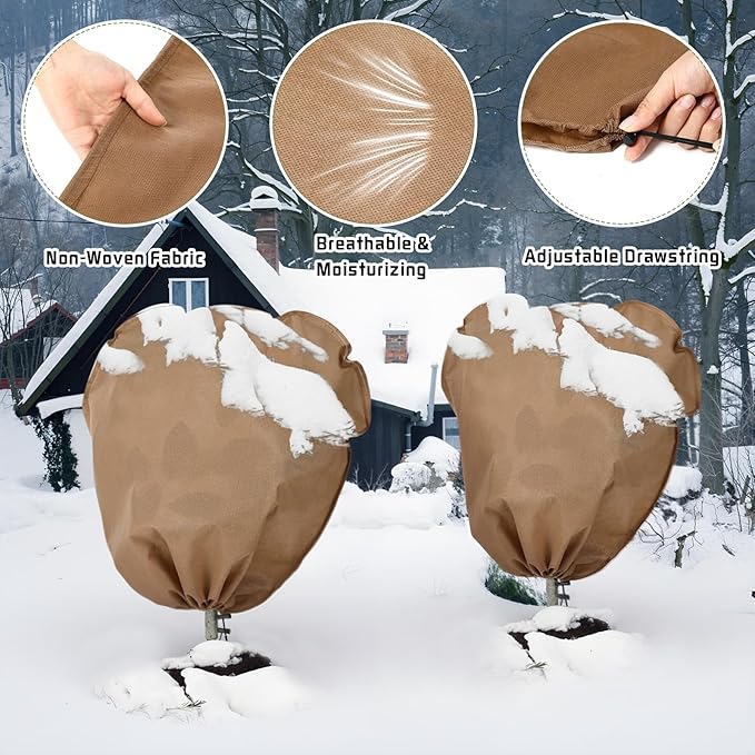 12 Pcs Winter Plant Covers Freeze Protection Reusable Plant Protector Bag with Drawstring Warm Shrubs Cover Frost Protection Planting Jacket Bags for Outdoor Garden, Brown (31.5 x 47.2 Inch)