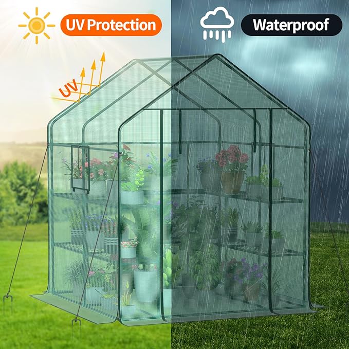 Walk-in Outdoor Greenhouse with 2 Mesh Windows, 4 Tiers, and 10 Shelves - Durable PE Cover, Pegs and Ropes for Stability- Perfect for Outdoor Gardens, Plants, Herbs, and Flowers (56x56x78 Green)