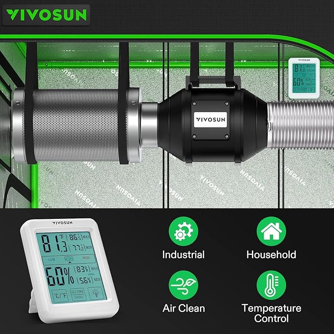 VIVOSUN 6 Inch 390 CFM Inline Fan with Speed Controller, 6 Inch Carbon Filter and 8 Feet of Ducting, Temperature Humidity Monitor for Grow Tent Ventilation