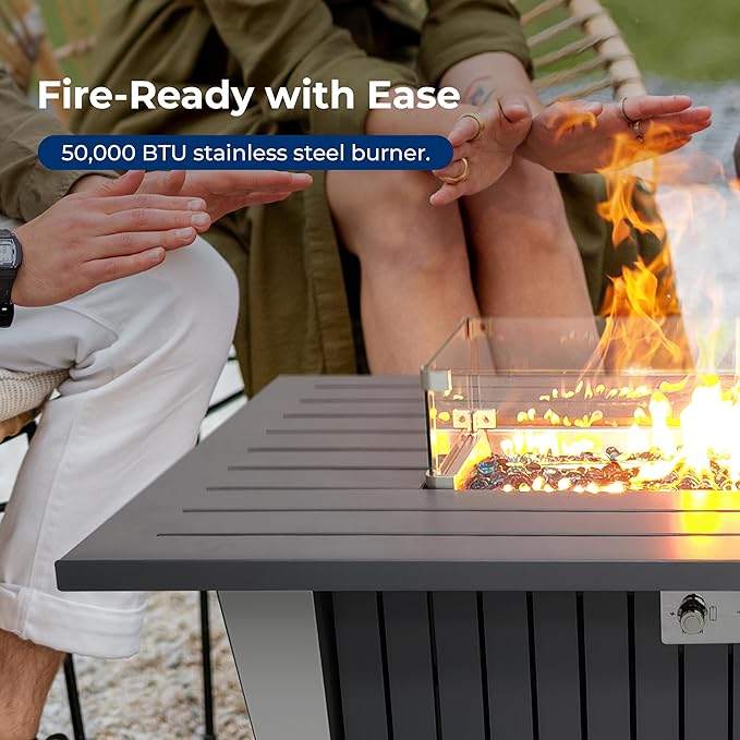 Outdoor Propane Fire Pit Table - CSA/ETL Certified 50,000 BTU Pulse Ignition Weatherproof Rectangle Propane Gas Fire Table w/Adjustable Flame - Glass Wind Guard, Glass Rocks - SereneLife SLNFLGA5