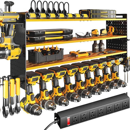 KAFAHOM Power Tool Organizer with Charging Station,9 Drill Holder Wall Mount,4 Layer Durable Metal Cordless Drill Storage for Garage Organization,Battery Tool Rack Built in 7 Outlet Power Strip-Yellow
