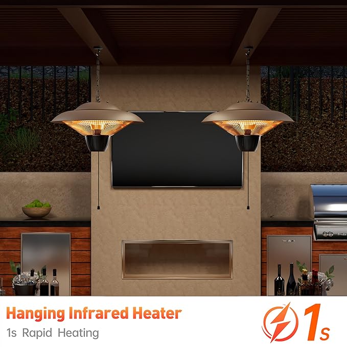 Patio Heater for Outdoor Use 1500W Electric Infrared Hanging Heater, Ceiling Mounted, Waterproof for Porch, Garage, Balcony, Overheat Protection Brown