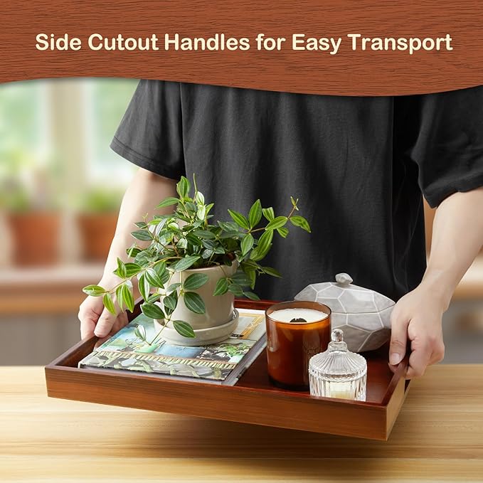 17 Inch Brown Serving Tray with Handles, Large Wooden Tray for Ottoman, Breakfast in Bed, Coffee Table, Dinner, Rectangular Wood Tray for Living Room Bedroom Entryway and Kitchen