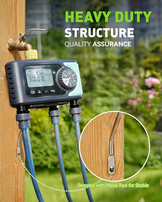 RAINPOINT Sprinkler Timer, 4 Outlets Hose Timer with Brass Inlet with Rain Delay/Manual/Automatic Controller System, Programmable Digital for Lawn Yard, 4 Zone