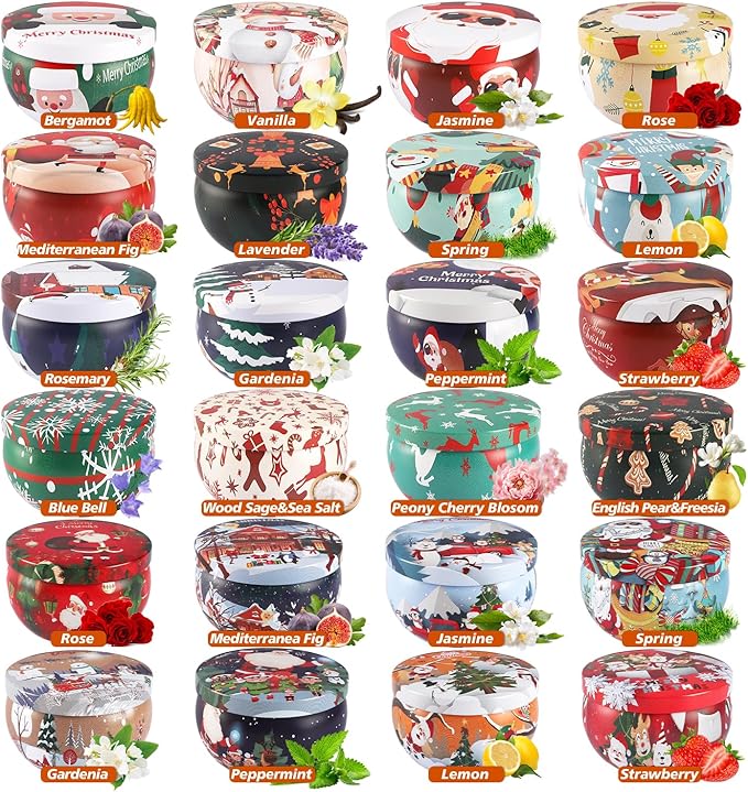 24 Pack Christmas Scented Candles - Natural Soy Wax, Smokeless Clean Burning, Cotton Wick, 2.5oz Mini Jar Candles for Holiday Gifts, Home Decor, Christmas Party Favors