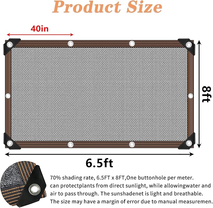 QLOFEI 60-70% Shade Cloth with Grommets, Sunblock Shade Sail Mesh Tarp for Plant Greenhouse, Easy to Hang Neting Cover for Patio Kennel Chicken Coop Lawn Garden, 6x8 FT