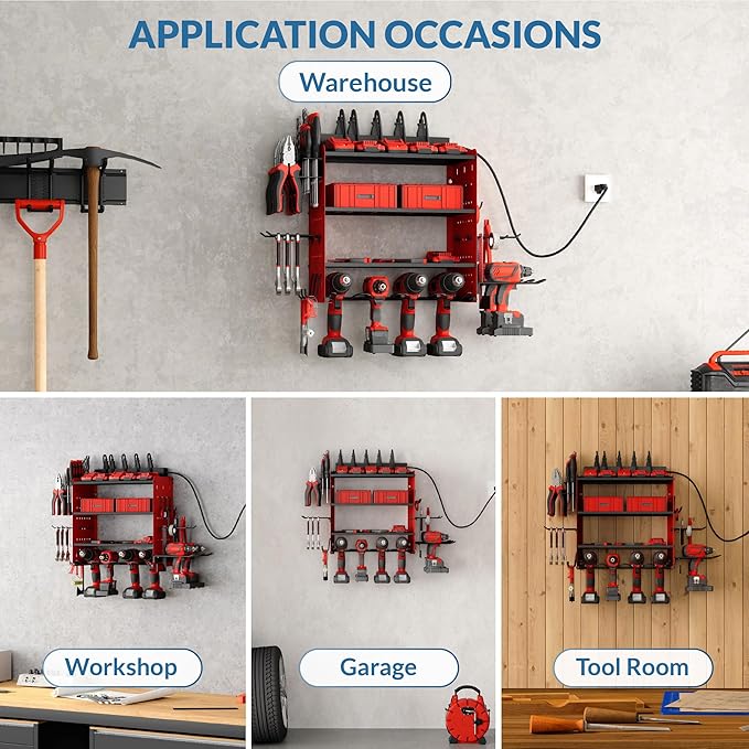 Power Tool Organizer with Charging Station, 4 Layers Garage Storage Rack with 6 Drill Holders, Father's Days Gift For Dad, Wall Mount Garage Organizer Built in 8 Outlets Power Strip, Red