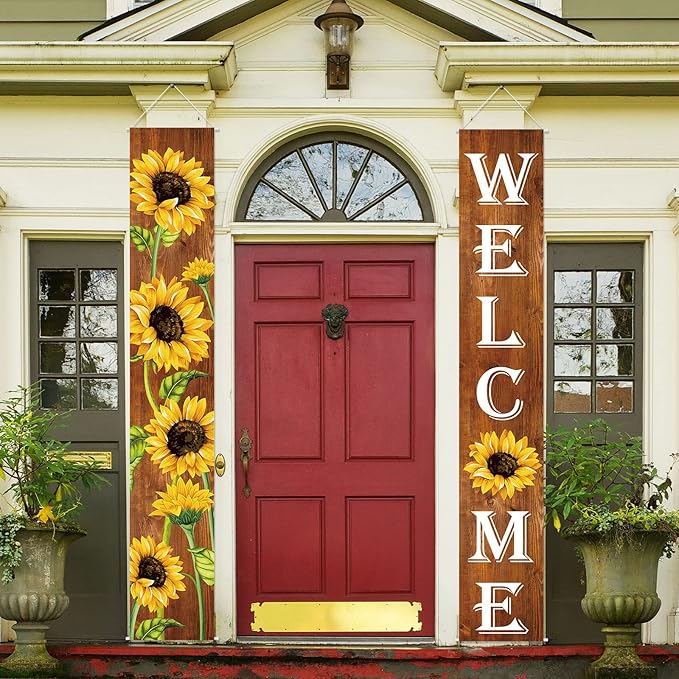 Tatuo Sunflower Welcome Hanging Banners Fall Porch Banners Flags Autumn Door Banner Thanksgiving Hanging Banner for Front Door Garden Home Yard Sunflower Party Decorations(Wood Background)
