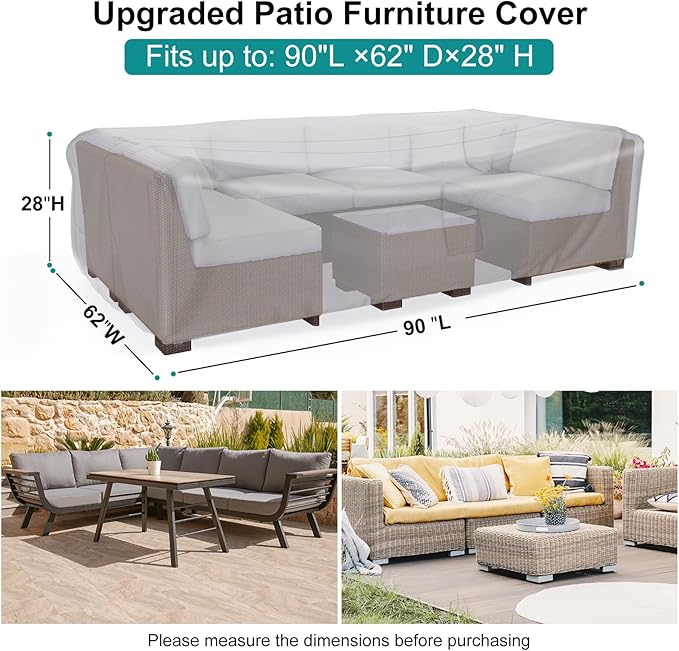 Patio Furniture Set Cover Waterproof, Heavy Duty Funiture Covers for Outdoor Sectional Sofa Set Wicker Rattan Table Chair Rectangular,90"L×62"W×28"H,Grey
